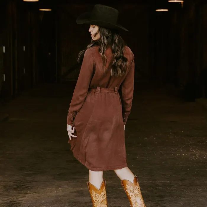 Tobacco Tencel Western Dress Brown Women Stetson Midi