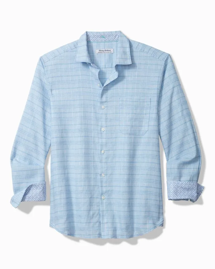 Tommy Bahama Barbados Breeze Playa Plaid StretchLinen LongSleeve Shirt Aqua Ice Men Shirts