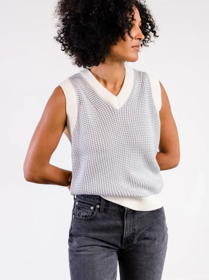 Tops Liza Vneck Sweater Vest Slate BlueAlmond Stripe Able Women