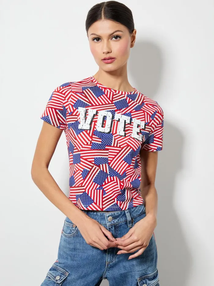 Tops Women Alice Olivia AO X I AM A VOTER CINDY CROPPED TEE Stripes Forever