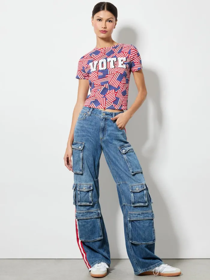 Tops Women Alice Olivia AO X I AM A VOTER CINDY CROPPED TEE Stripes Forever