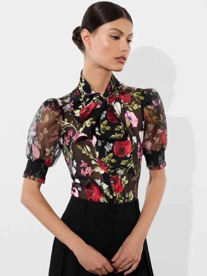 Tops Women Alice Olivia BRENTLEY TIE NECK PUFF SLEEVE BLOUSE Floral Dreams