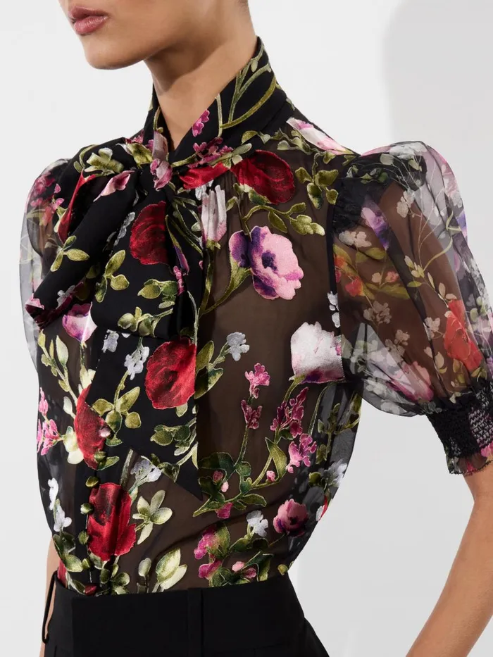 Tops Women Alice Olivia BRENTLEY TIE NECK PUFF SLEEVE BLOUSE Floral Dreams