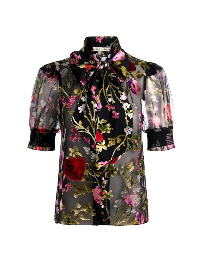 Tops Women Alice Olivia BRENTLEY TIE NECK PUFF SLEEVE BLOUSE Floral Dreams