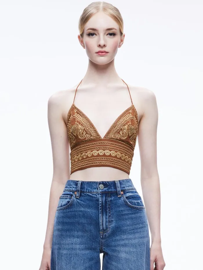 Tops Women Alice Olivia CARLI EMBROIDERED TIE NECK BRA TOP Camelgold