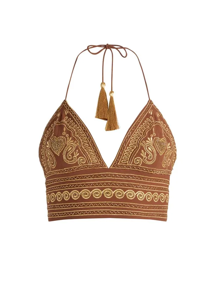 Tops Women Alice Olivia CARLI EMBROIDERED TIE NECK BRA TOP Camelgold