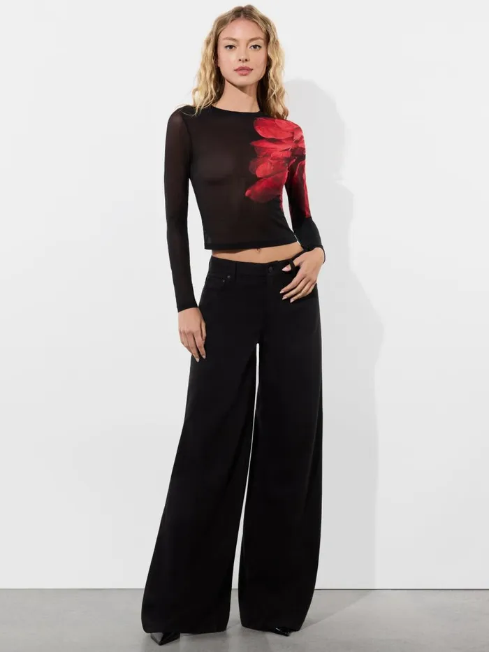 Tops Women Alice Olivia DELAINA MESH LONG SLEEVE CROP TOP Italian Landscape