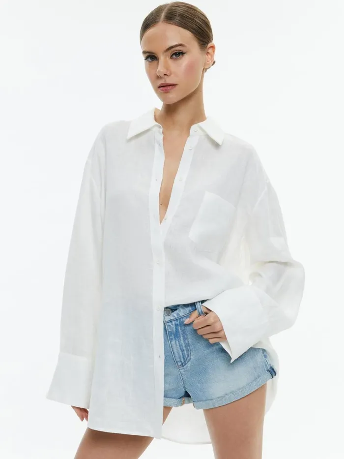 Tops Women Alice Olivia FINELY LINEN OVERSIZED BUTTON DOWN SHIRT Off White