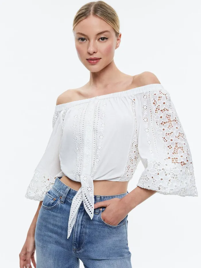 Tops Women Alice Olivia IVY OFF THE SHOULDER CROPPED TOP Off White