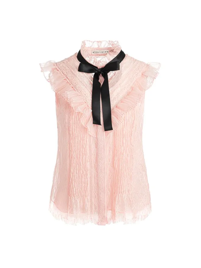 Tops Women Alice Olivia RHEBA MOCK NECK SLEEVELESS RUFFLE BLOUSE WITH BOW Off White