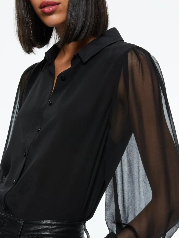 Tops Women Alice Olivia ROANNE BLOUSON SLEEVE BUTTON DOWN Black