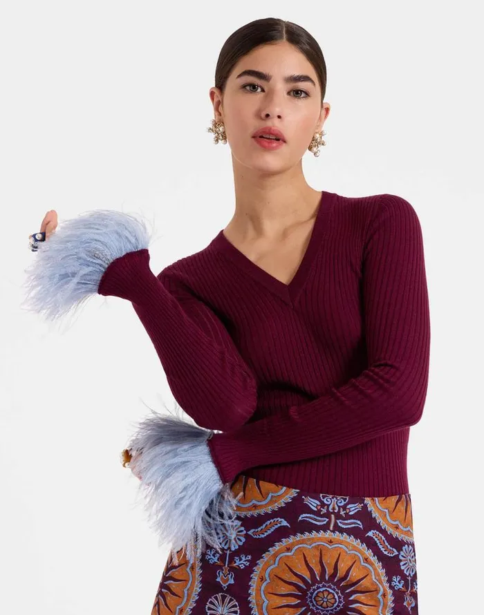 VNeck High Kick Top Solid Burgandy Women La Double J Knitwear VNeck High Kick Top Solid Burgandy Women La Double J Knitwear