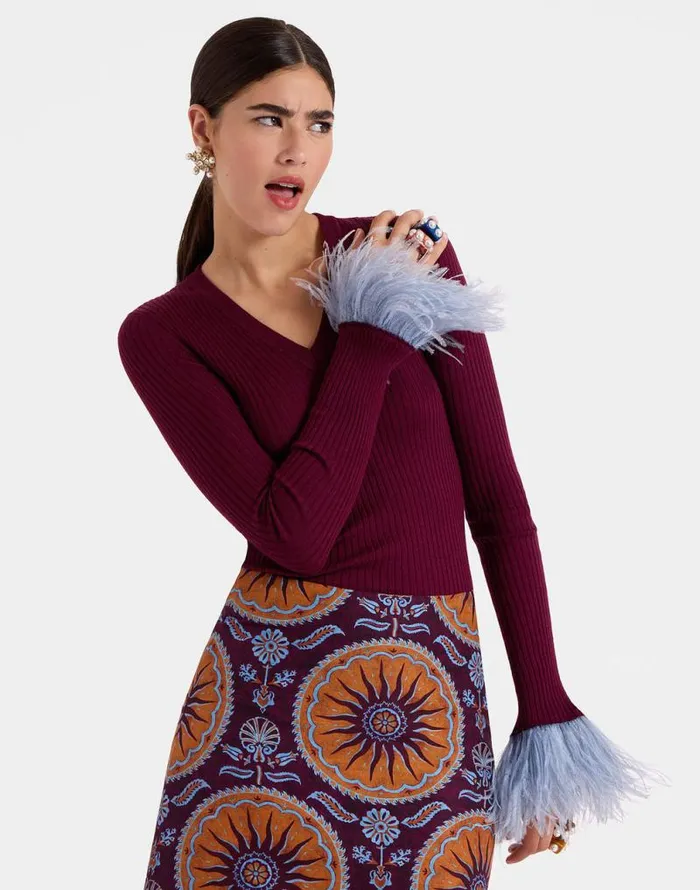 VNeck High Kick Top Solid Burgandy Women La Double J Knitwear VNeck High Kick Top Solid Burgandy Women La Double J Knitwear