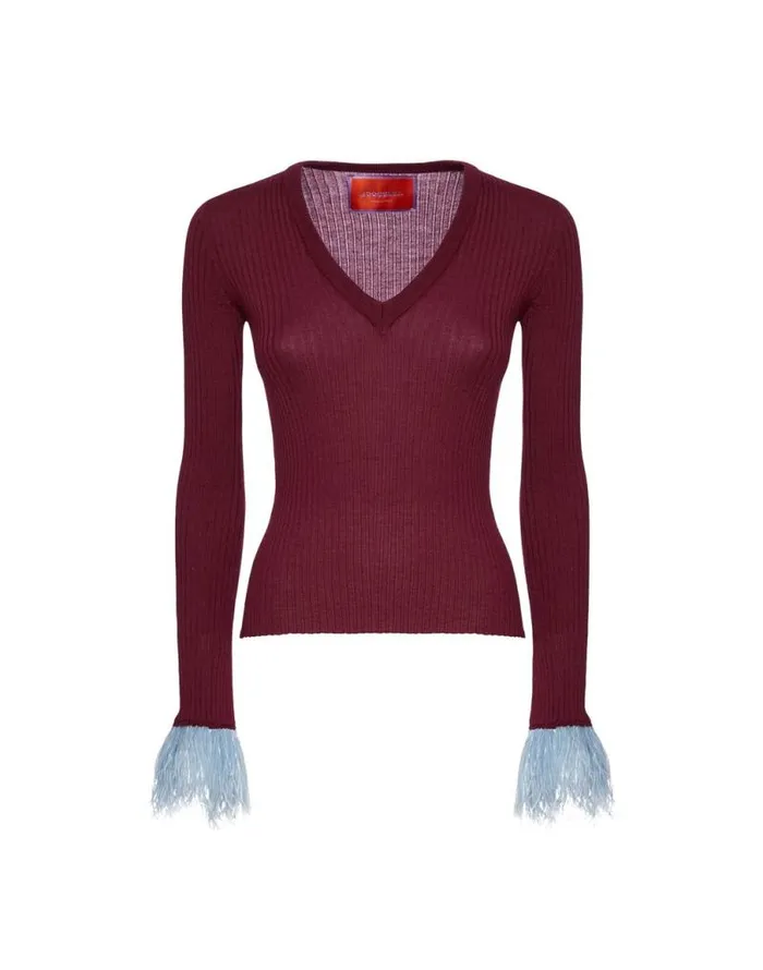 VNeck High Kick Top Solid Burgandy Women La Double J Knitwear VNeck High Kick Top Solid Burgandy Women La Double J Knitwear
