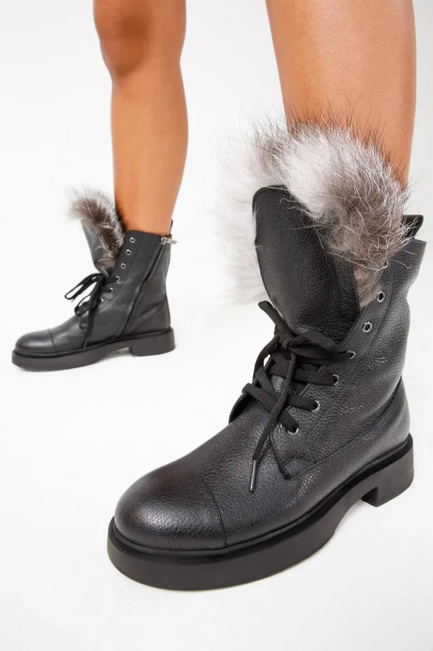 Vinci Leather Boots and Booties The Kajapati Black Leather Natural Fur Mid Calf Boot 8211 Women