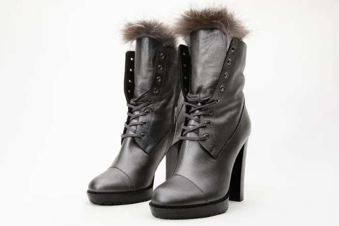 Vinci Leather Boots and Booties The Melo Grey Leather Natural Fur Mid Calf Platform Heel Boot 8211 Women