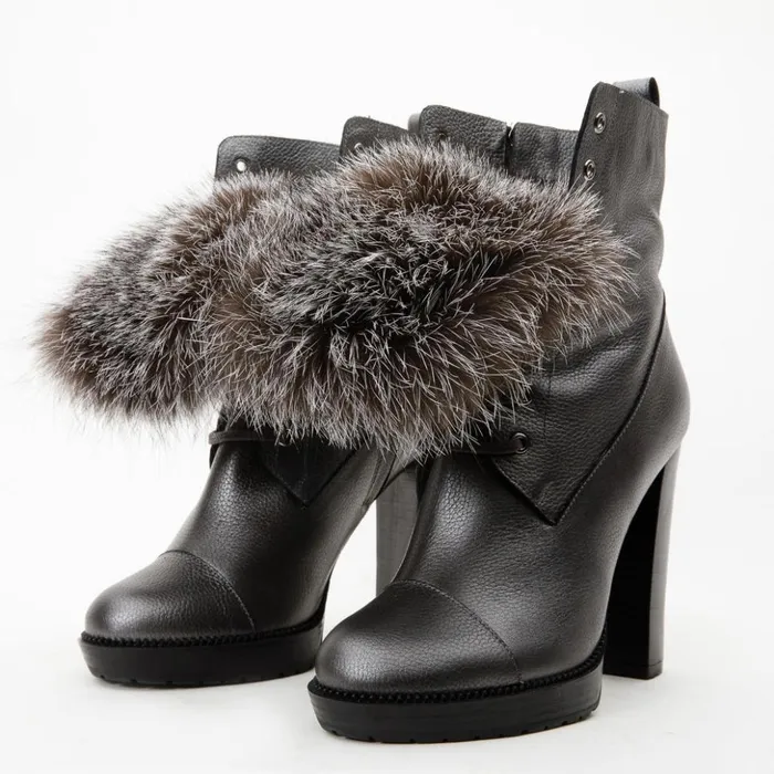 Vinci Leather Boots and Booties The Melo Grey Leather Natural Fur Mid Calf Platform Heel Boot 8211 Women