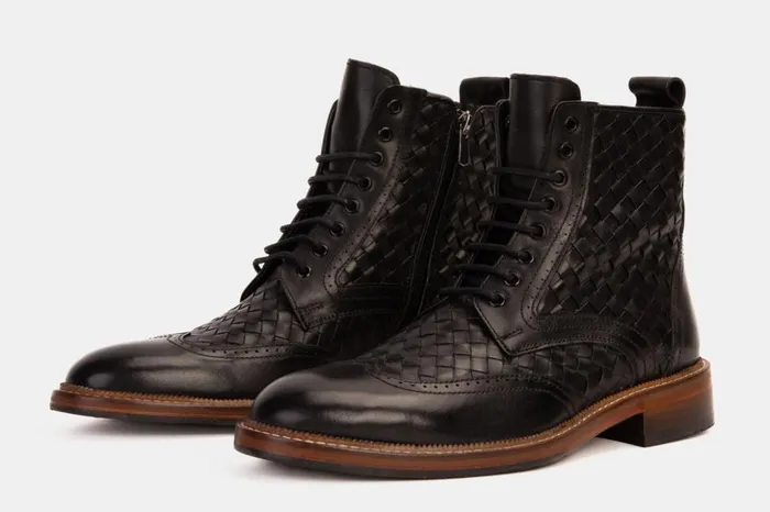 Vinci Leather Boots The Loddon Black Leather Wingtip Brogue Handwoven LaceUp Boot With A Zipper 8211 Men