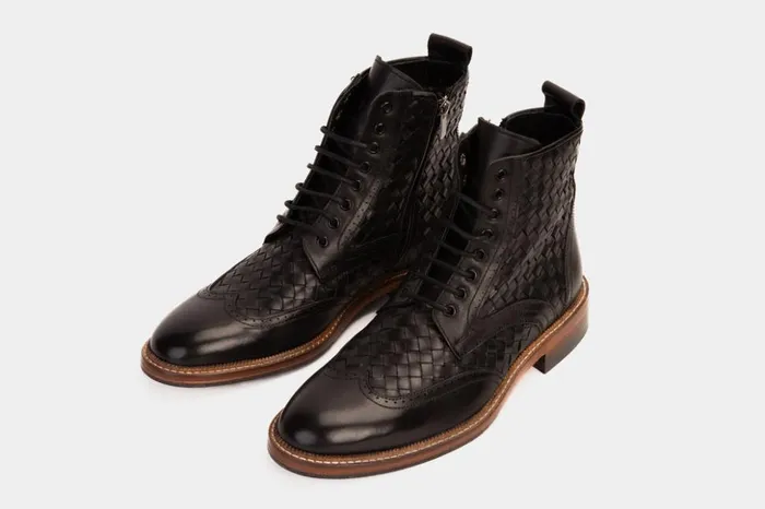 Vinci Leather Boots The Loddon Black Leather Wingtip Brogue Handwoven LaceUp Boot With A Zipper 8211 Men
