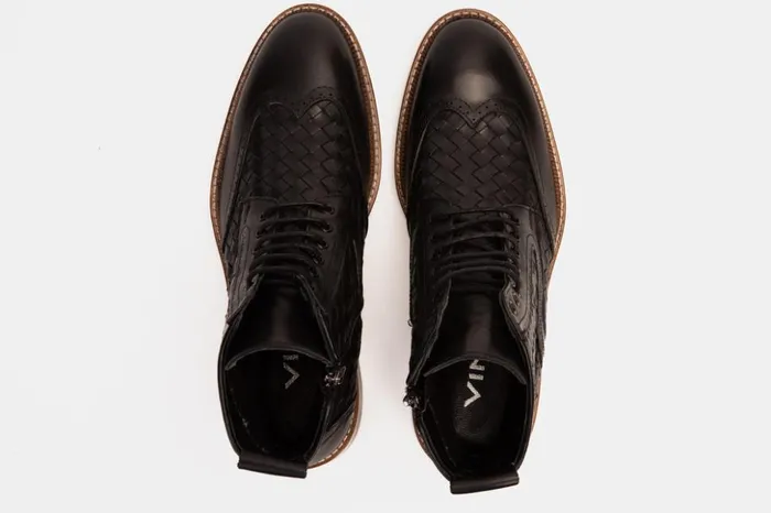 Vinci Leather Boots The Loddon Black Leather Wingtip Brogue Handwoven LaceUp Boot With A Zipper 8211 Men