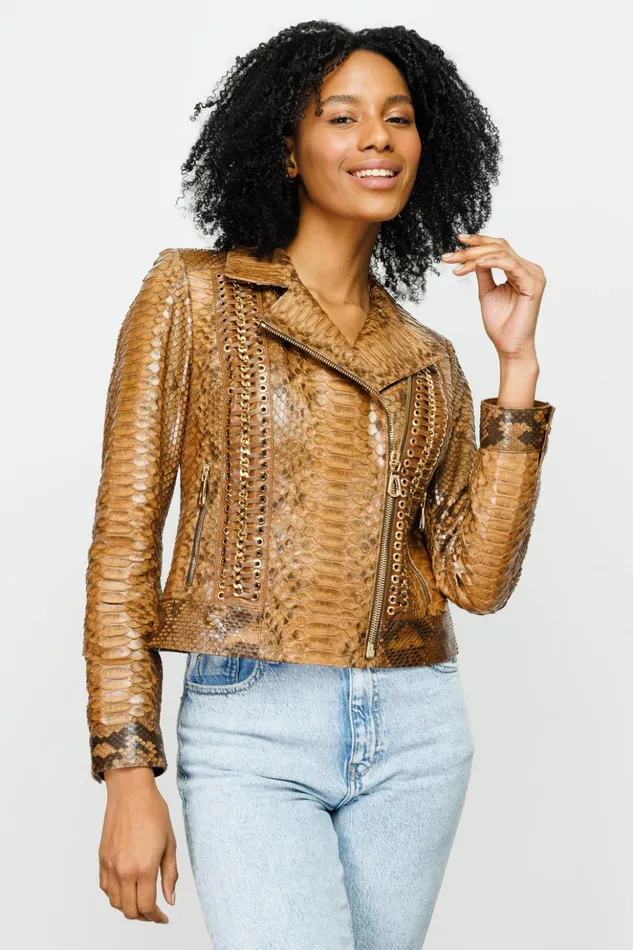 Vinci Leather Leather Jackets The Nayro Pythn Tan Leather Jacket 8211 Women