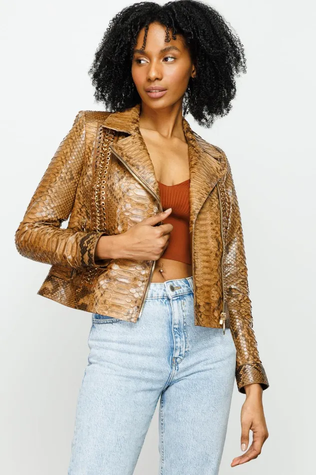 Vinci Leather Leather Jackets The Nayro Pythn Tan Leather Jacket 8211 Women