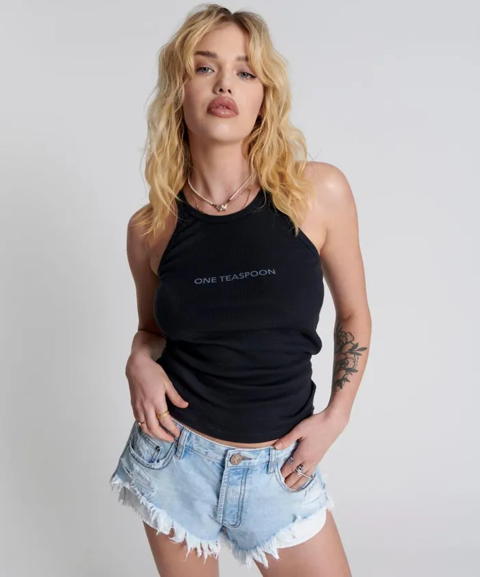 WASHED BLACK LOGO SINGLET Women One Teaspoon Tees and Tanks