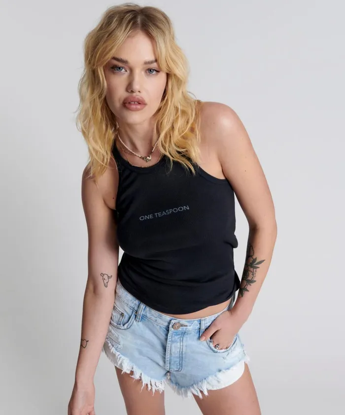 WASHED BLACK LOGO SINGLET Women One Teaspoon Tees and Tanks WASHED BLACK LOGO SINGLET Women One Teaspoon Tees and Tanks