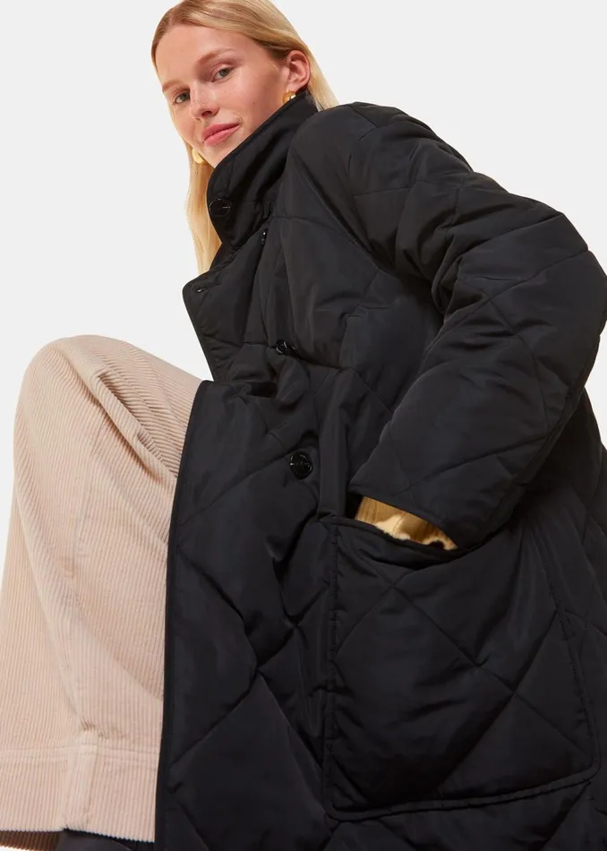 Women Coats and Jackets Whistles Black Alice Longline Quilted Coat