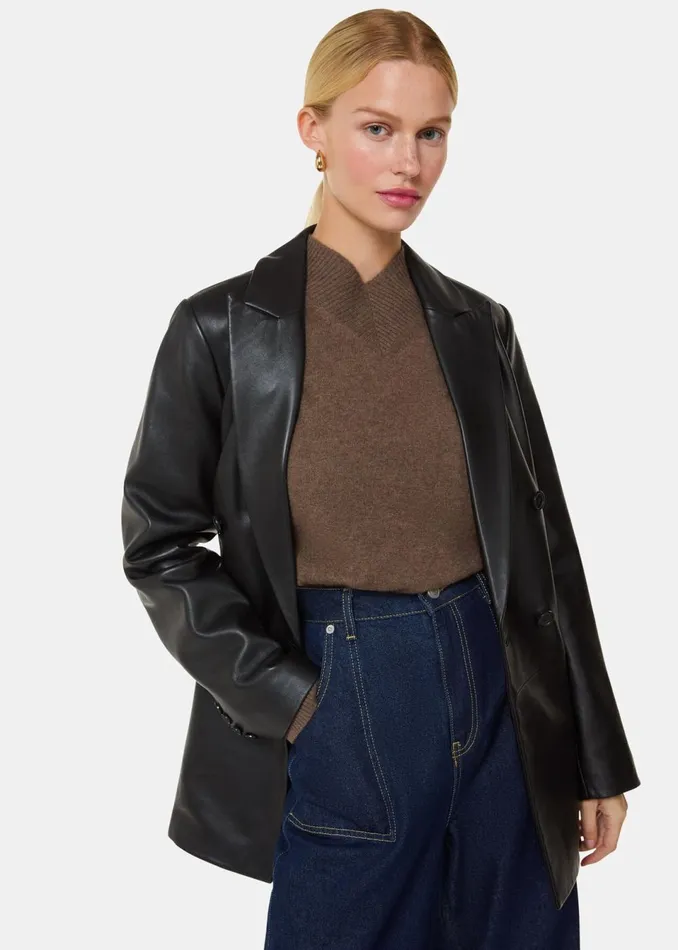 Women Coats and Jackets Whistles Black Aliza Waisted Leather Blazer