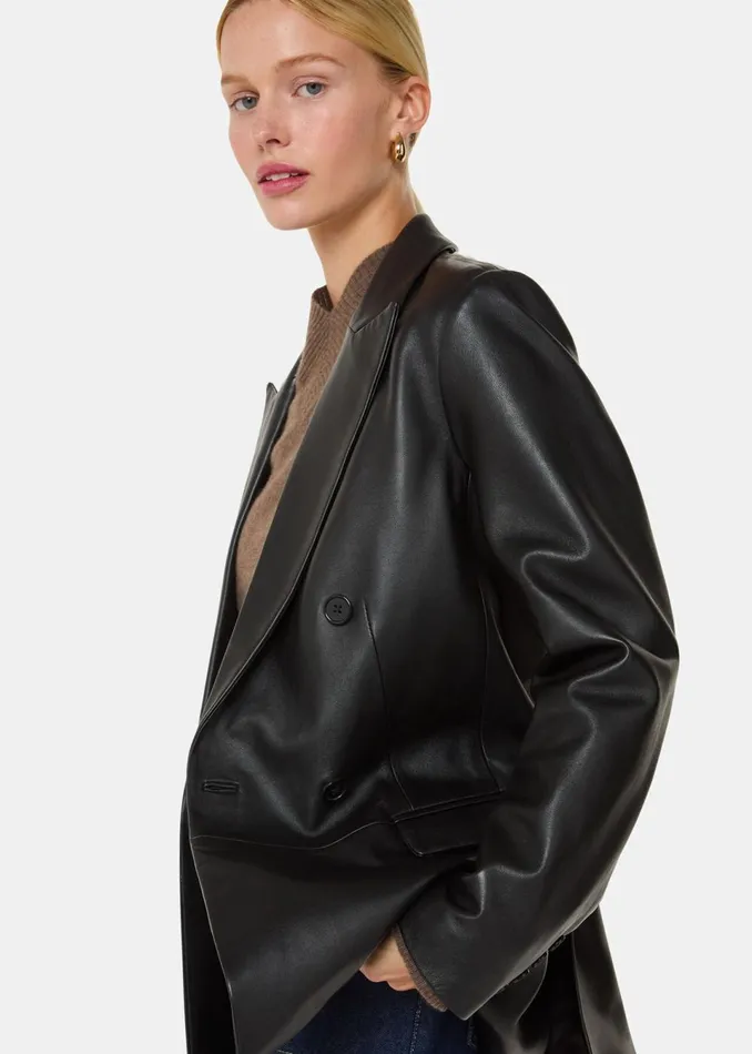 Women Coats and Jackets Whistles Black Aliza Waisted Leather Blazer