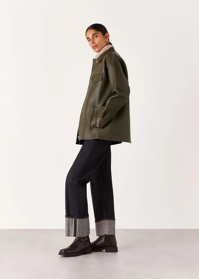 Women Coats and Jackets Whistles Khaki Clean Bonded Leather Jacket
