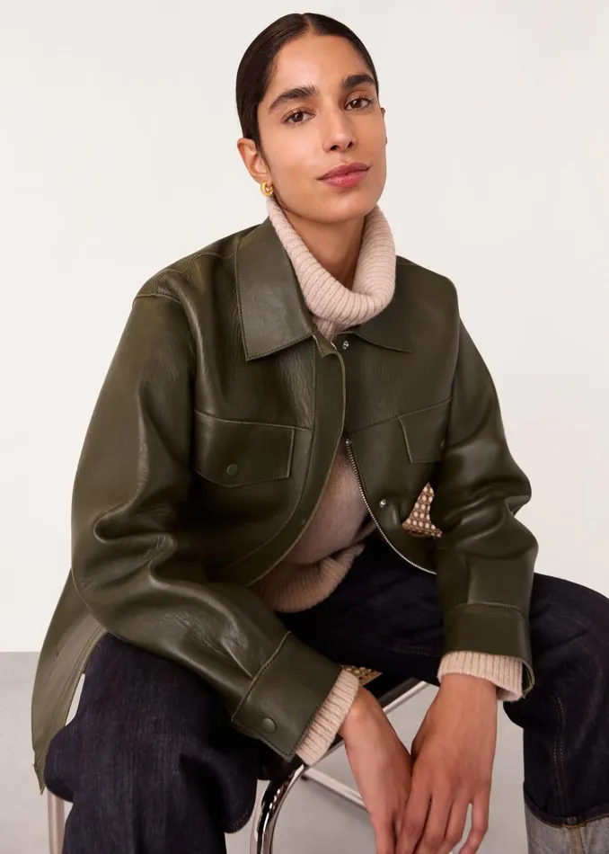 Women Coats and Jackets Whistles Khaki Clean Bonded Leather Jacket