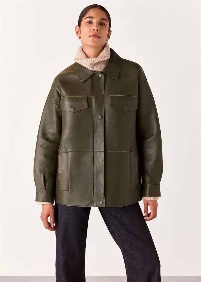 Women Coats and Jackets Whistles Khaki Clean Bonded Leather Jacket