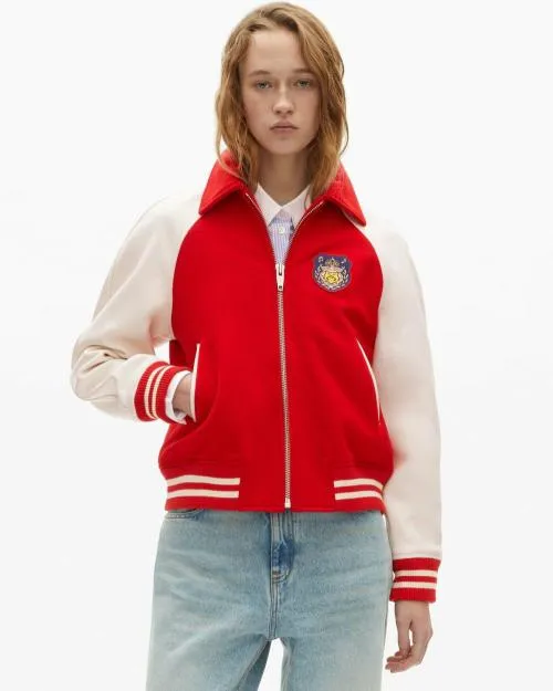 Women Coats and Parkas The Kooples Red And White Wool And Leather Jacket Red White
