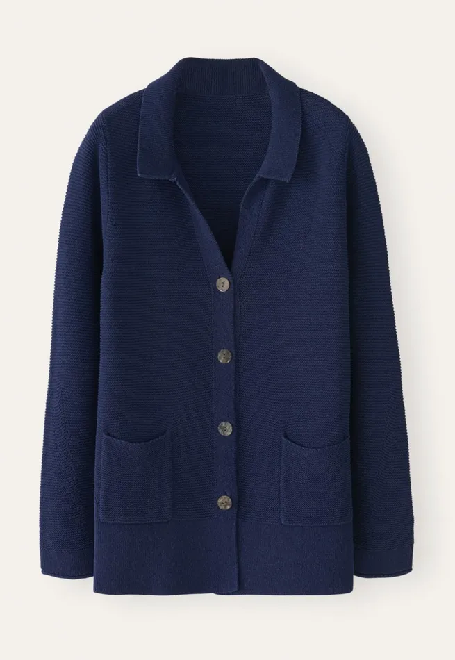 Women Collared Knitted Jacket Ink Blue Poetry Fashion Jackets and Coats