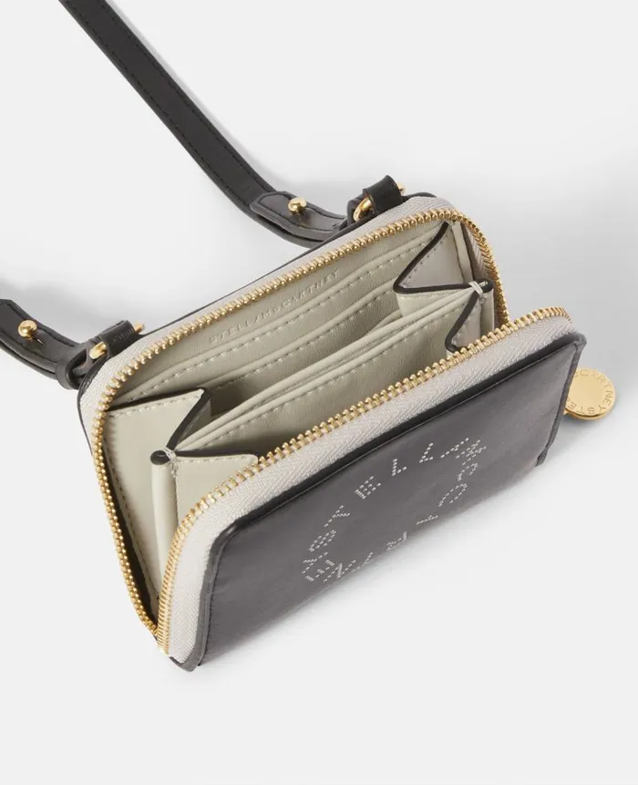 Women Compact Wallets Stella McCartney Logo Zip Strap Cardholder Black