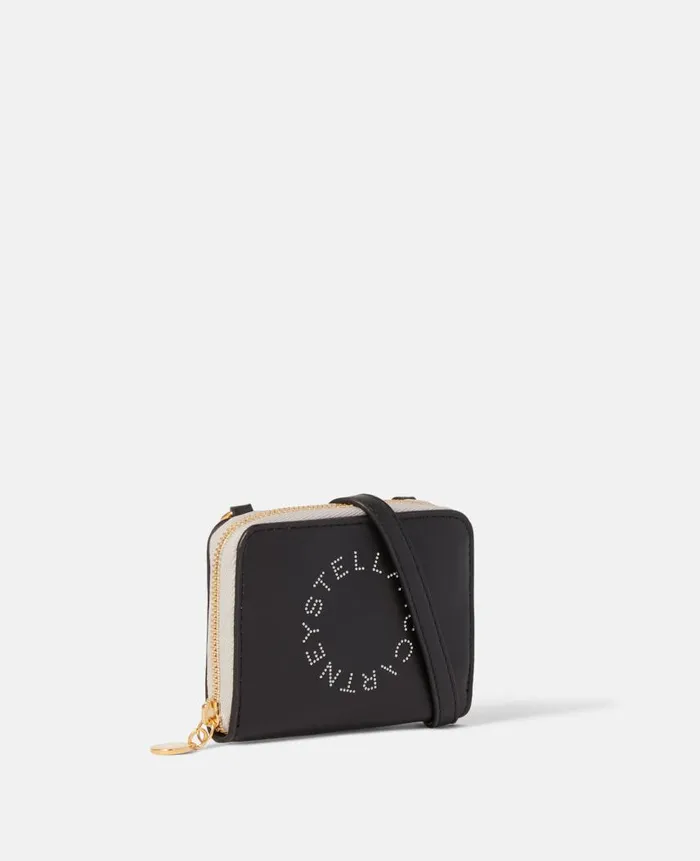 Women Compact Wallets Stella McCartney Logo Zip Strap Cardholder Black