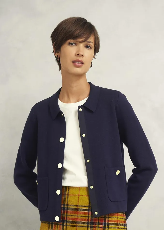 Women Daisy Cotton Wool Knitted Jacket Hobbs Navy Hobbs Jumpers and Cardigans
