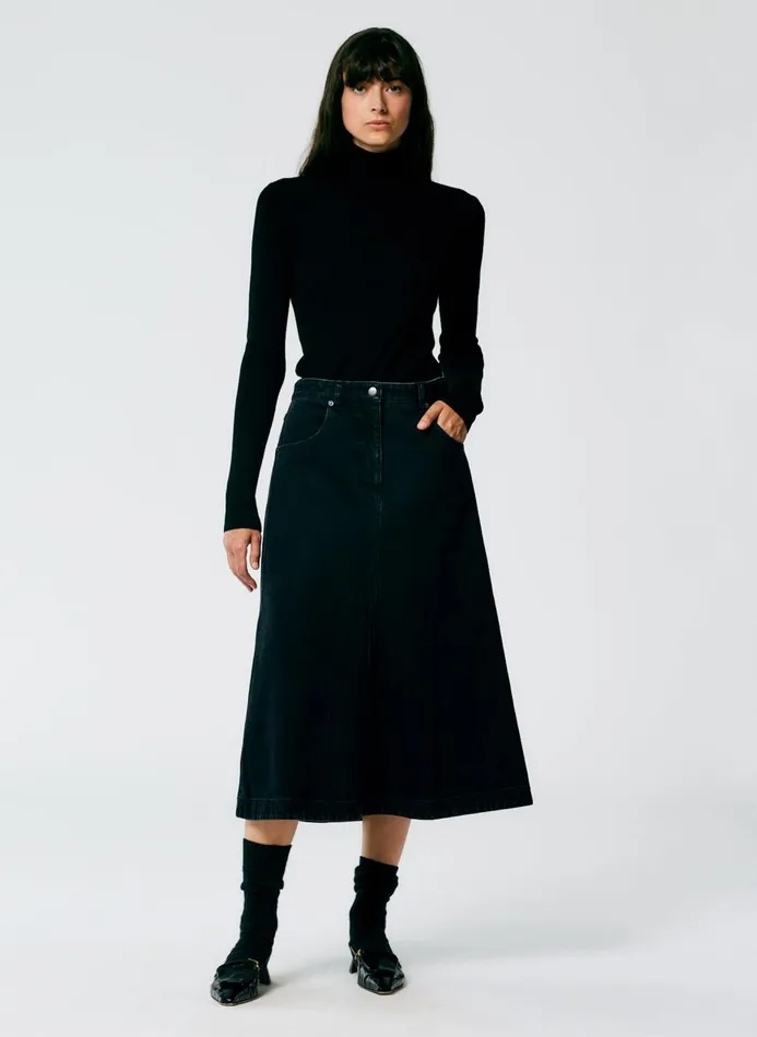 Women Denim Tibi Black Denim Midi ALine Skirt Black