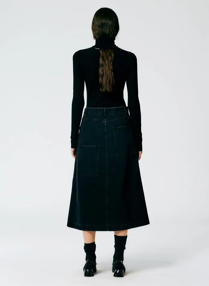 Women Denim Tibi Black Denim Midi ALine Skirt Black