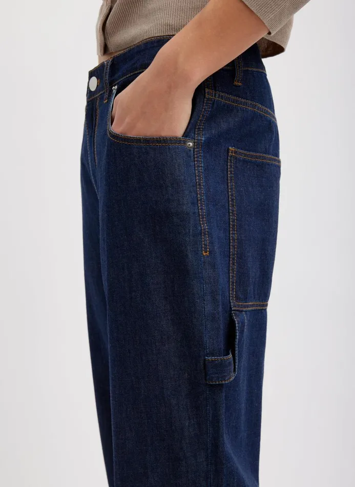 Women Denim Tibi Summer Denim Cropped Slouchy Cargo Jean Indigo