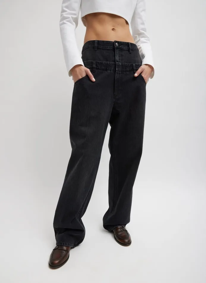 Women Denim Tibi Vintage Black Denim Double Waisted Slouchy Carpenter Jean Black