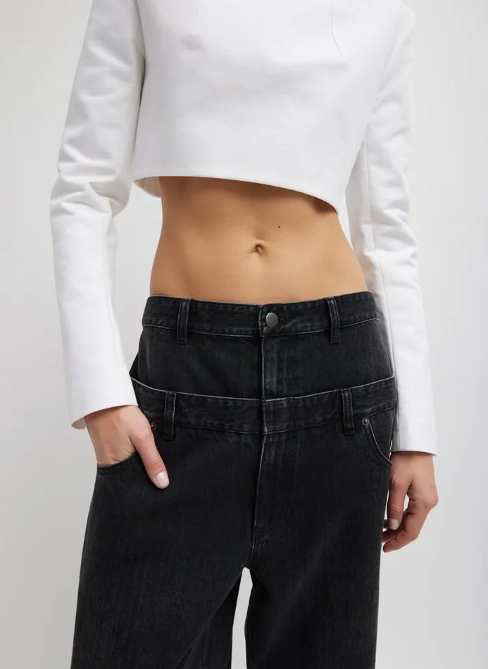 Women Denim Tibi Vintage Black Denim Double Waisted Slouchy Carpenter Jean Black