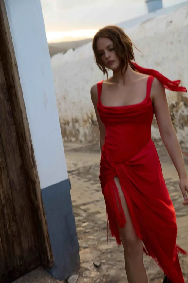 Women Dresses For Love and Lemons Anisa Fringe Midi Dress Red Women Dresses For Love and Lemons Anisa Fringe Midi Dress Red