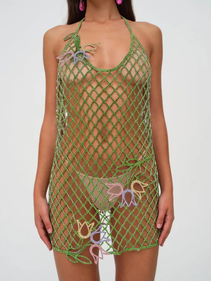 Women Dresses For Love and Lemons Tulip Grid Rhinestone Dress Green Women Dresses For Love and Lemons Tulip Grid Rhinestone Dress Green