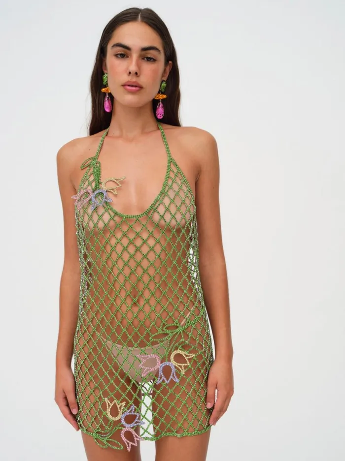 Women Dresses For Love and Lemons Tulip Grid Rhinestone Dress Green Women Dresses For Love and Lemons Tulip Grid Rhinestone Dress Green