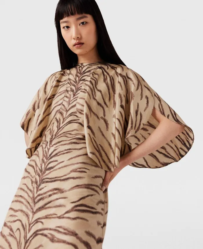 Women Dresses Stella McCartney Tiger Print Puff Sleeve Maxi Dress Natural Tiger Print