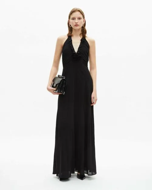 Women Dresses The Kooples Long LowCut Dress With Black Flower Detail Black