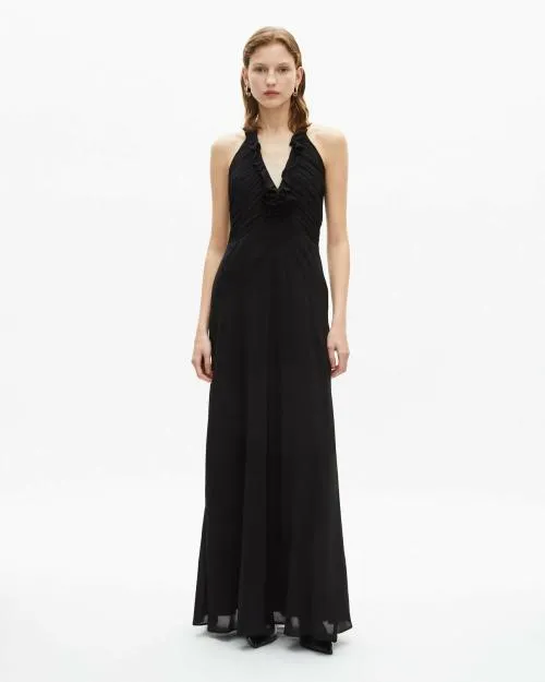 Women Dresses The Kooples Long LowCut Dress With Black Flower Detail Black